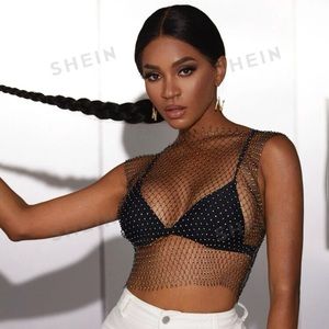 Rhinestone Detail Fishnet Tank Top Without Bra